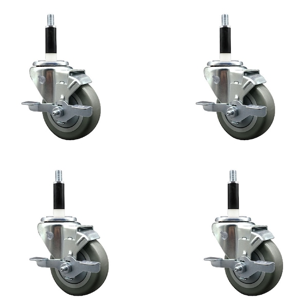 Service Caster 3.5'' SS Gray Poly Swivel 7/8'' Expanding Stem Caster Set with Brake, 4PK SCC-SSEX20S3514-PPUB-TLB-78-4 - main
